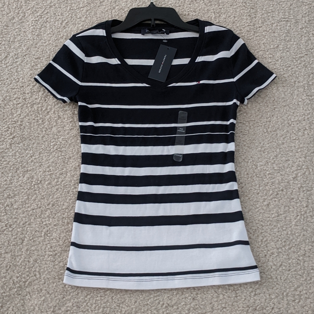 Black and White stripes V Neck Tee